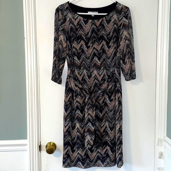 studio one new york lined earth tone chevron 3/4 sleeve dress & attached sash 12 - Picture 1 of 13